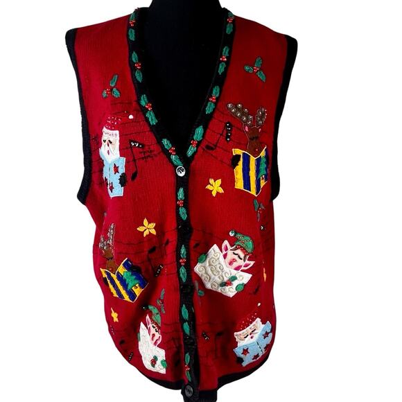 Vtg Christmas Sweater Vest Elf Santa Reindeer Music Beaded Sz XL Bobbie Brooks - Picture 4 of 16